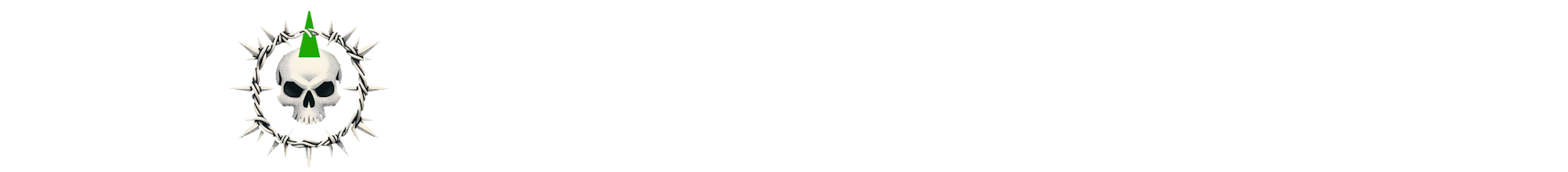 Logo von Freunde des Punk. Ein Totenkopf mit grünem Iro, von Stacheldraht umrandet